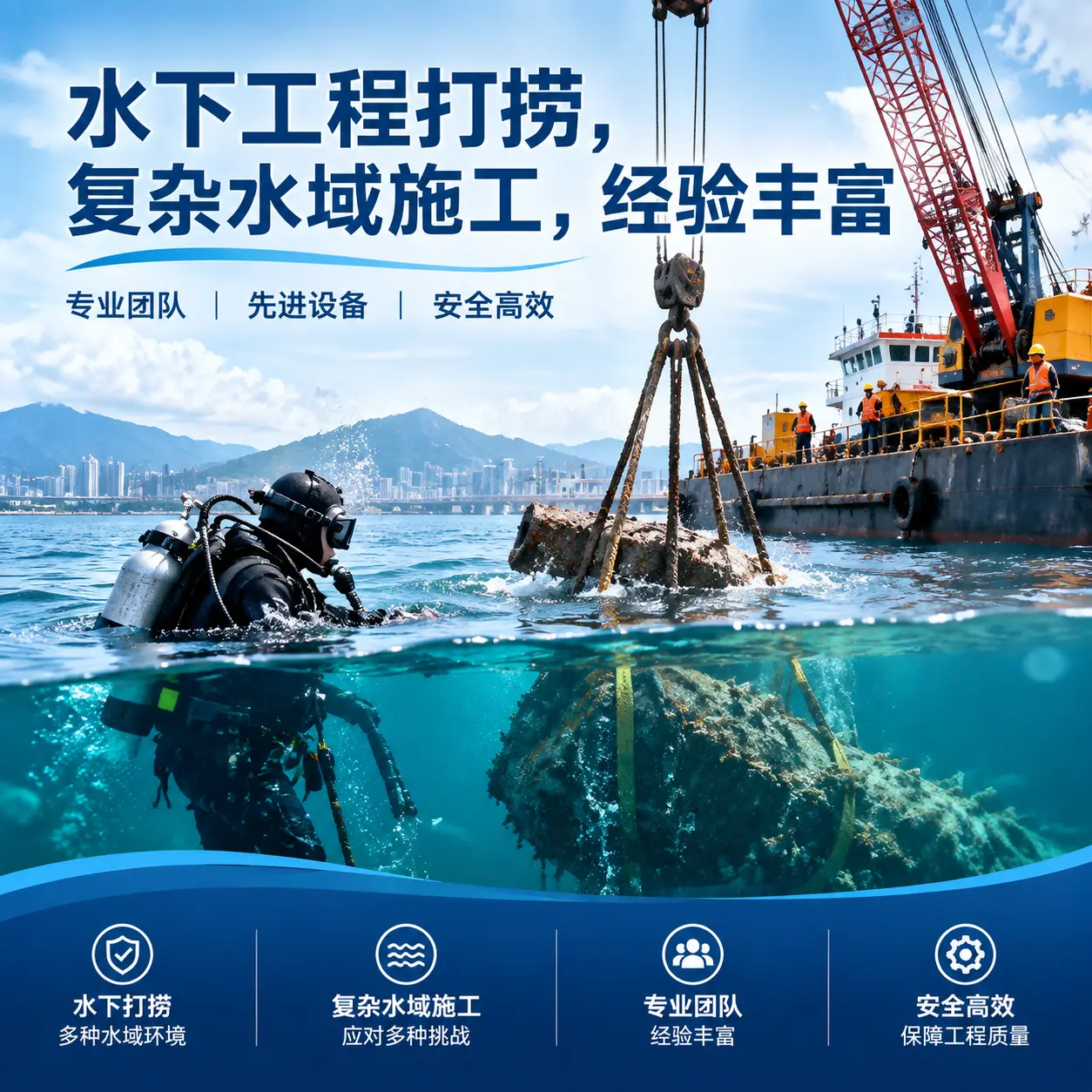水下工程打捞，复杂水域施工，经验丰富乌兰